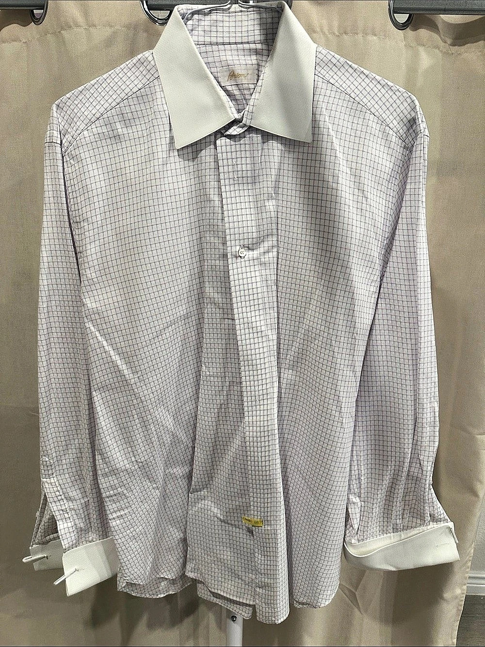 Brioni 100% Cotton Checkered Dress Shirt in White & Purple Like New